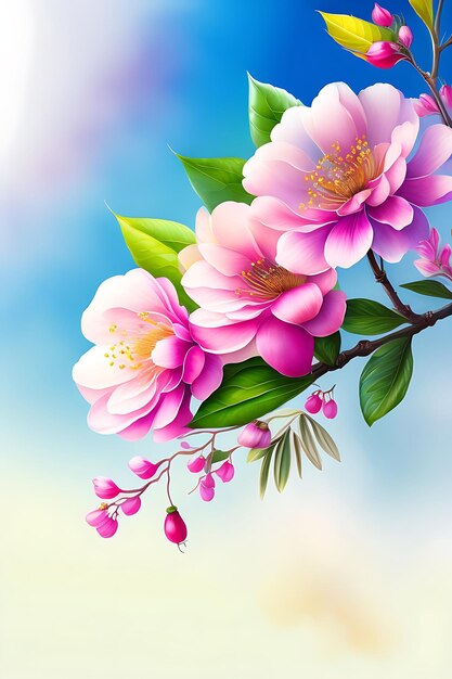 Watercolor floral spring background of cherry blossom