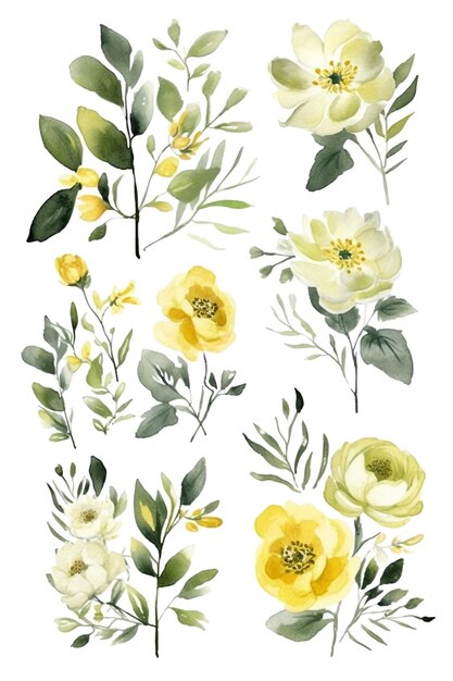 Watercolor Floral Wedding decor set in light olive yellow grey