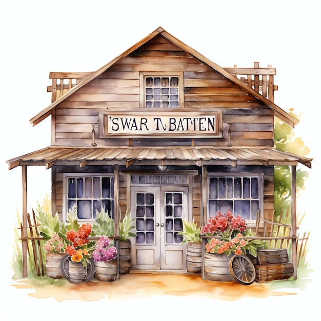 watercolor floral Western general store western wild west cowboy desert illustration