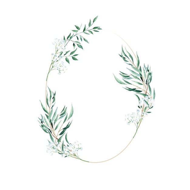 Watercolor floral wreath frame eucalyptus gypsophila and pistachio greenery hand drawn botanical