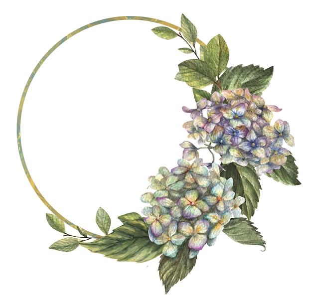 Photo watercolor floral wreath of hydrangea flowers and leaves