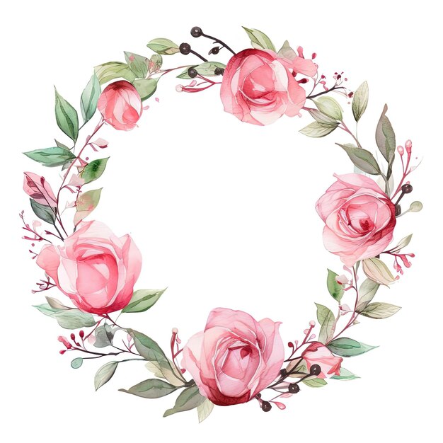 watercolor floral wreath illustration with leaves and pink roses in the style of simplistic designs