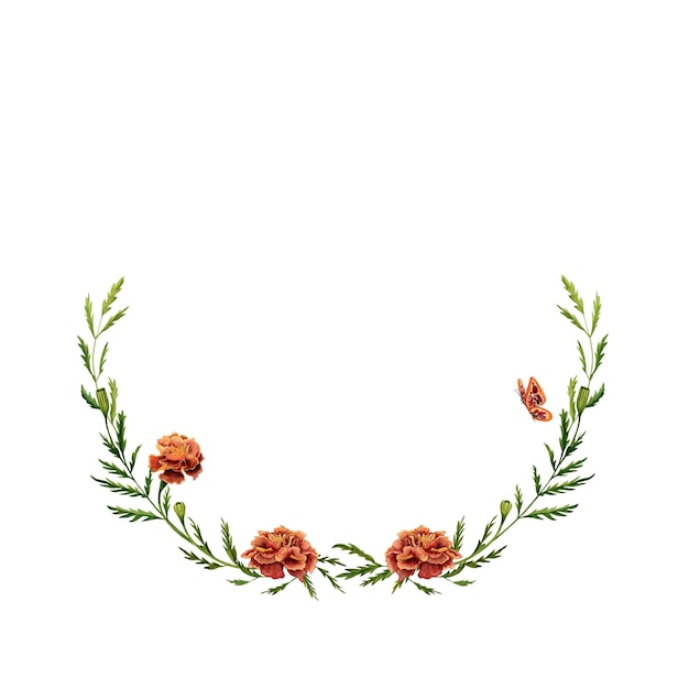 マリーゴールドの花と緑の葉を持つ水彩のフローラル リースのイラスト