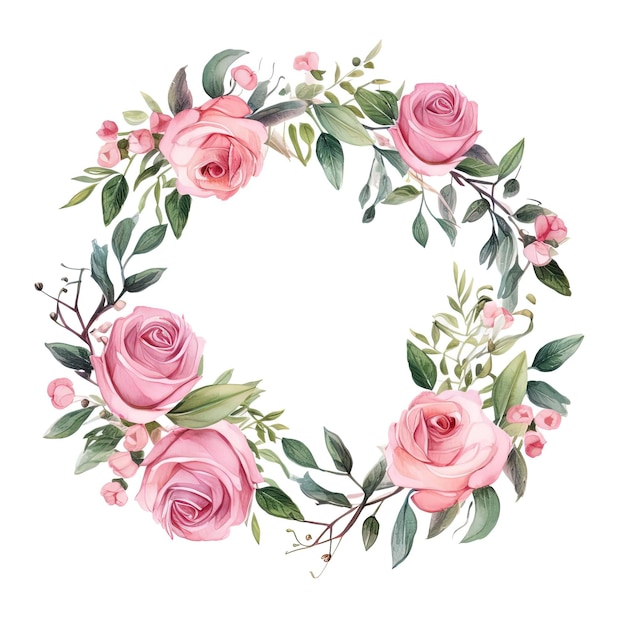 Photo a watercolor floral wreath made of pink roses and green leaves in the style of simplistic