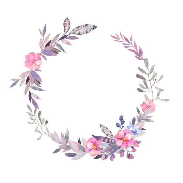 Watercolor floral wreath on white background