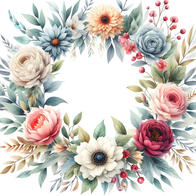 Watercolor Floral Wreath on White Scene