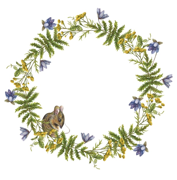 Watercolor floral wreath of wild yellow blue flowers and green herbs and leaves with a cute mouse