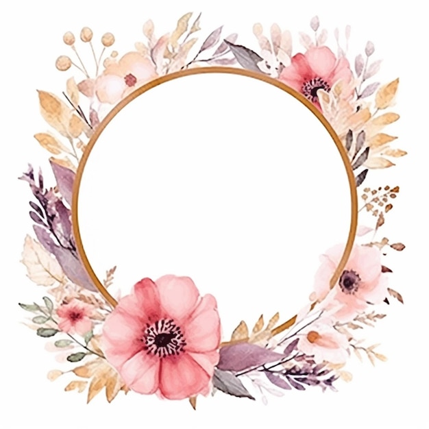 Photo a watercolor floral wreath with a gold frame generative ai