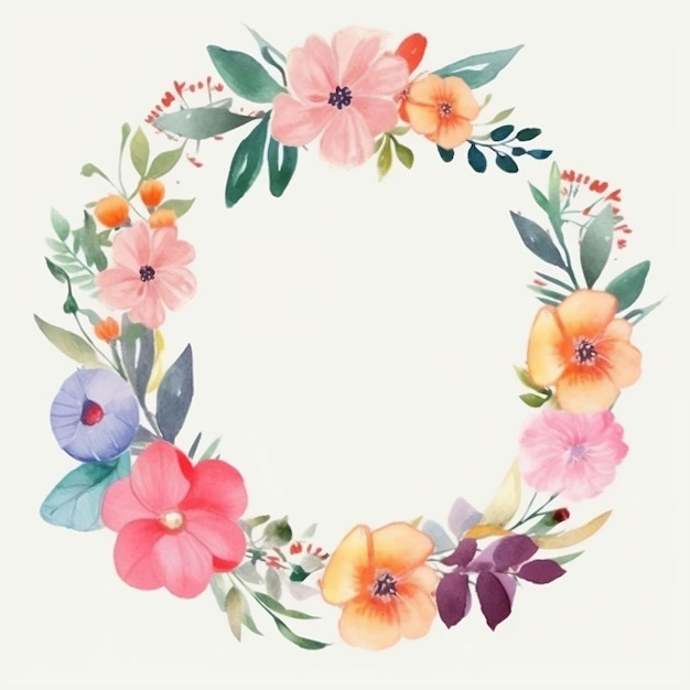 A watercolor floral wreath with a green leaf and a pink flower AI generated