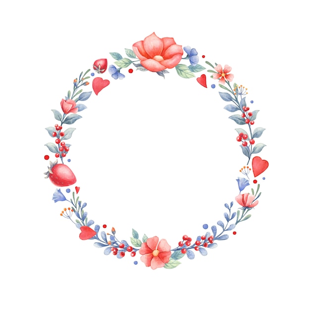 Watercolor floral wreath with hearts and berries.