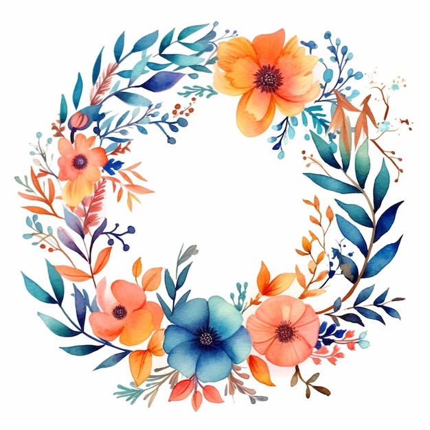A watercolor floral wreath with orange and blue flowers generative ai