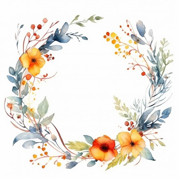 Photo watercolor floral wreath with orange flowers and green leaves generative ai