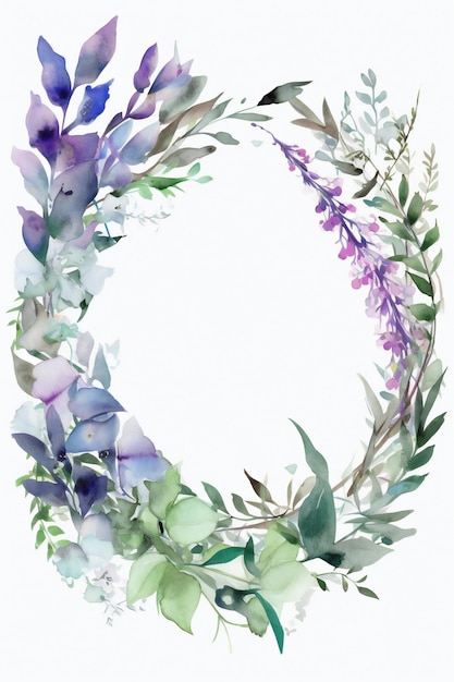 Photo a watercolor floral wreath with purple flowers.