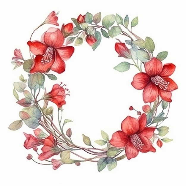 Watercolor floral wreath with red flowers on a white background.