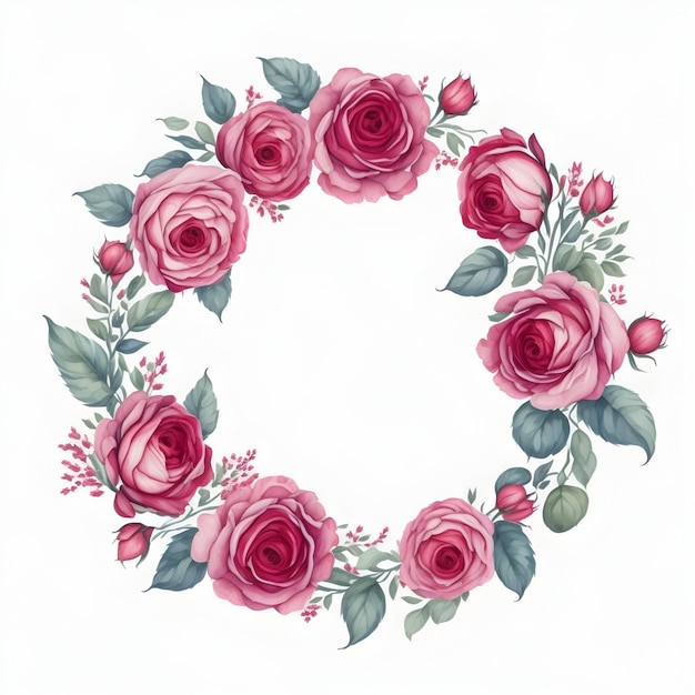 Photo watercolor floral wreath with red roses and green leaves on white background
