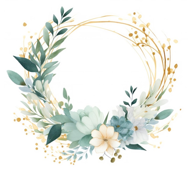 Photo watercolor floral wreath with white and blue flowers eucalyptus branches green leaves and golden elements perfect for invitations greeting cards blogs posters generative ai