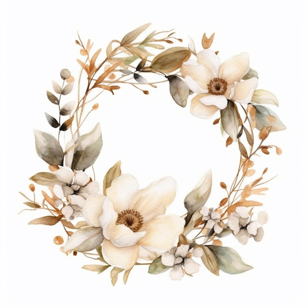 Watercolor floral wreath with white flowers and leaves on a white background.