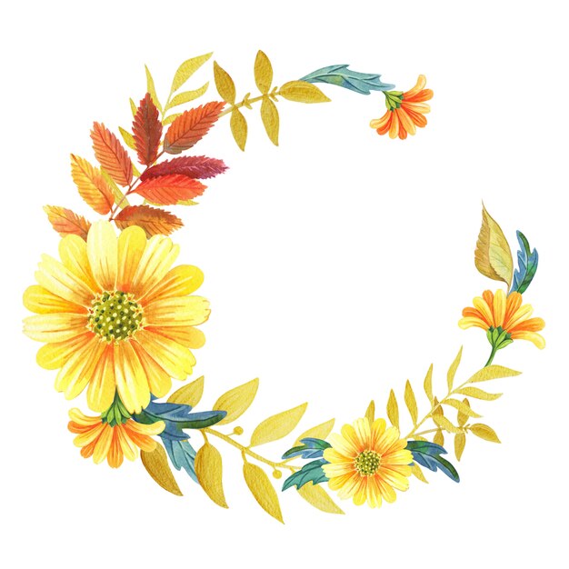 Yellow Sunflower Wild Flower And Eucalyptus Leaf On Dry Twig Bouquet Heart  Wreath Frame Collection Flat Style Stock Illustration - Download Image Now  - iStock