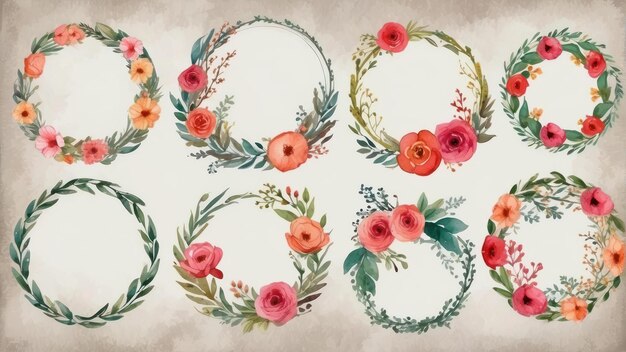 Watercolor floral wreaths on white background