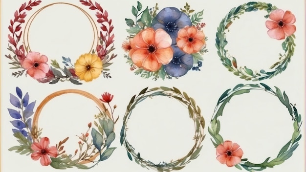 Watercolor floral wreaths on white background