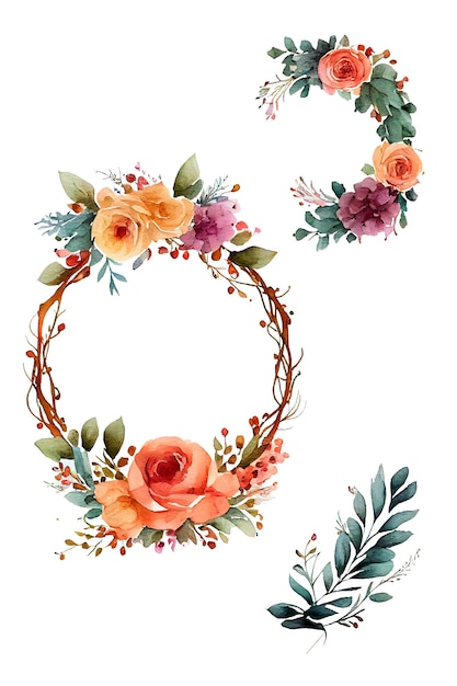 Watercolor floral wreaths with flowers and leaves.