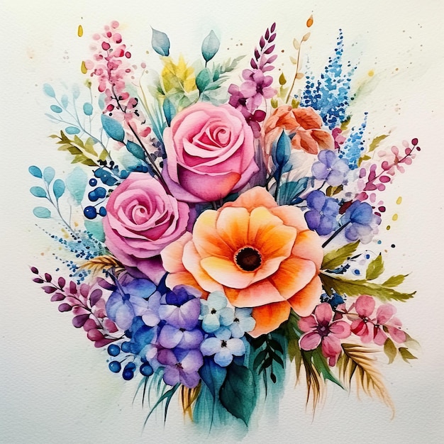 Photo watercolor flowe bouquet illustration ai generativexa