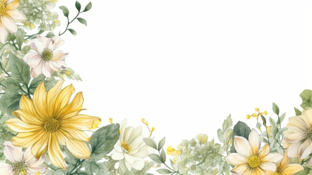 Watercolor Flower Border Chrysanthemum Fern Daffodil On White Background