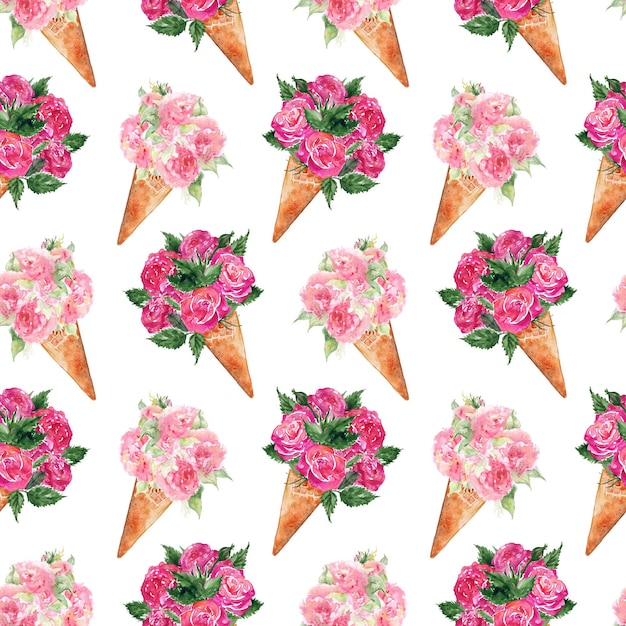 Watercolor flower bouquet peony rose carnation icecream waffle sweet dessert seamless pattern texture background