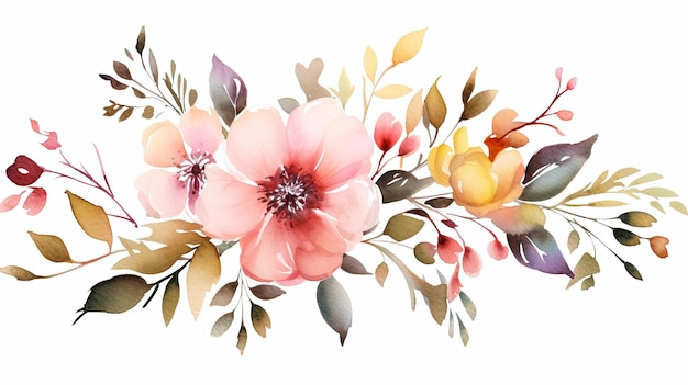 Акварельные цветочные букеты с клипартовой иллюстрацией и цветочной ветвью розы с зелеными листьями для поздравительной карточки или свадебной приглашения на белом фоне