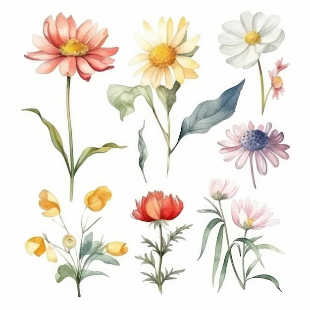 Коллекция акварельных цветов на белом фоне