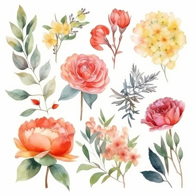 Watercolor Flower Collection on White Background