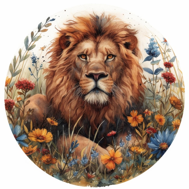 Photo watercolor flower field with lion generative ai
