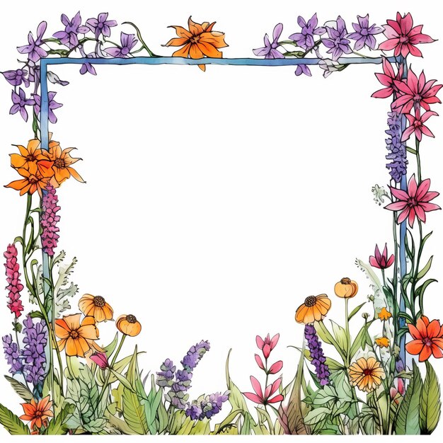 Photo watercolor flower frame multicolored landscape style
