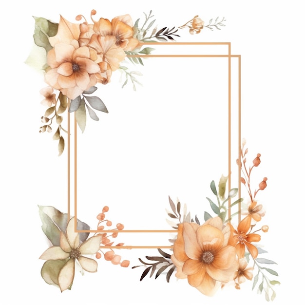 Watercolor flower frame with a gold frame.