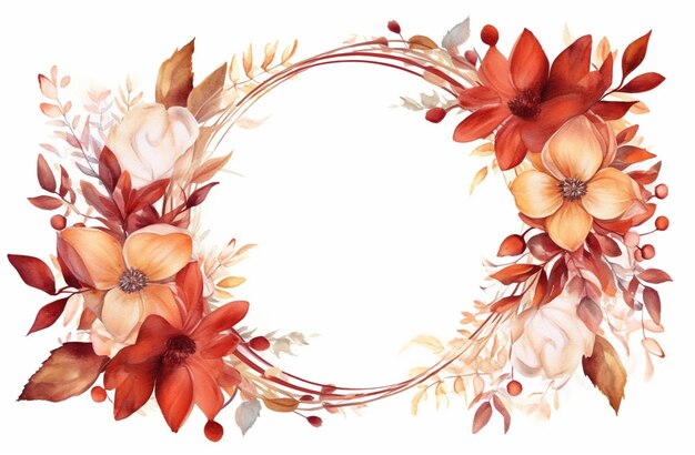 A watercolor flower frame with red and orange flowers.