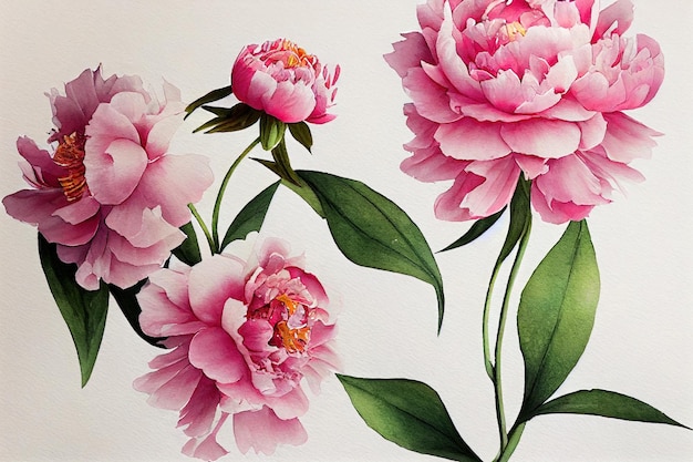 Watercolor flower illustration pink peony on a white background