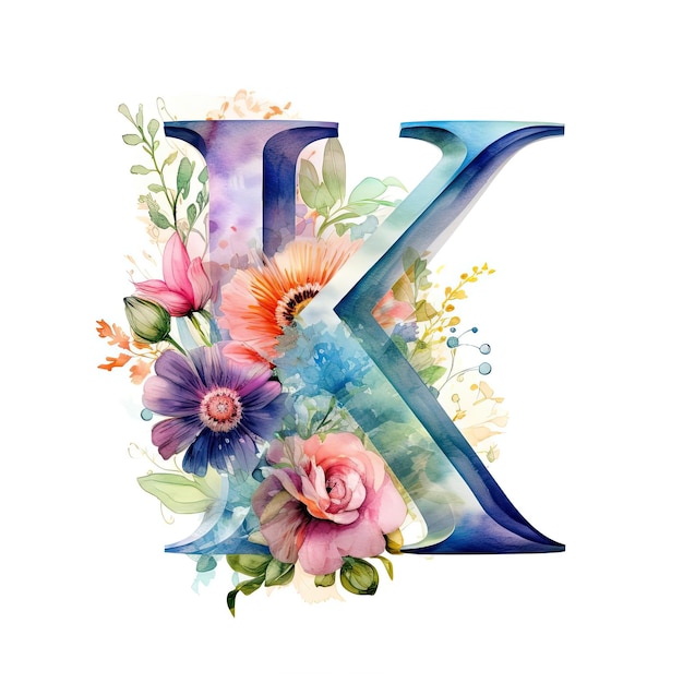 a watercolor flower letter k is seen in a arrangement in the style of solarization effect