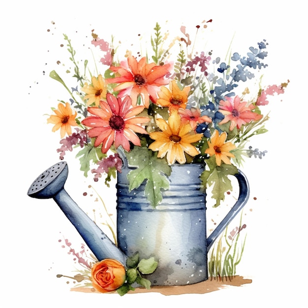 Photo watercolor flower painting colored in vintage watering can