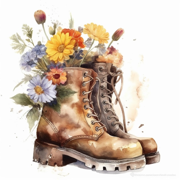 Watercolor flower painting colorful on vintage leather boot