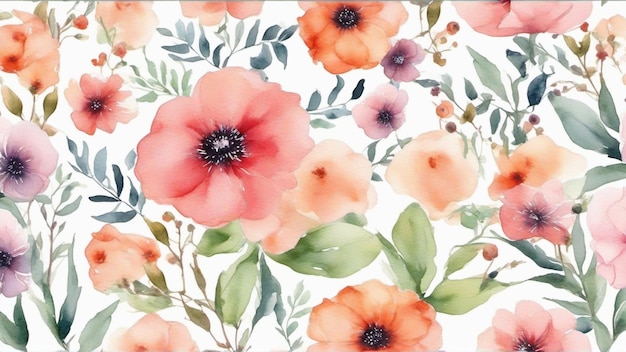 Photo watercolor flower pattern on white paper texture background