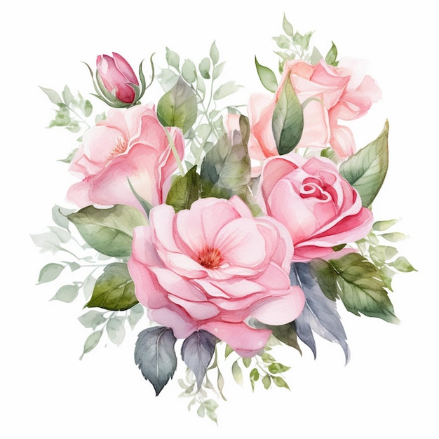 水彩の花 ピンクのバラ 花の庭 花束
