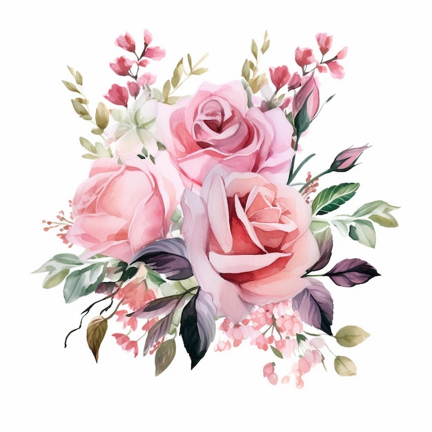 Watercolor flower Pink rose floral garden Bouquet