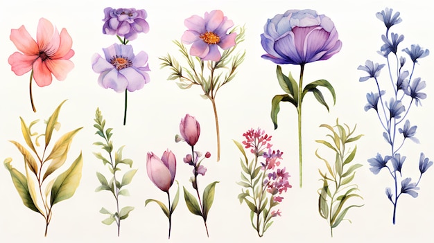 watercolor flower set collection on light background