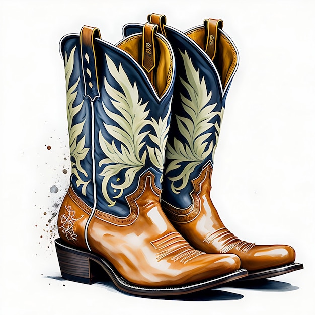 Watercolor flower western cowboy boots illustration isolated on white background