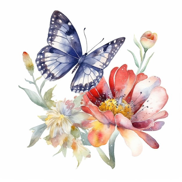 watercolor flower with butterfly on white background