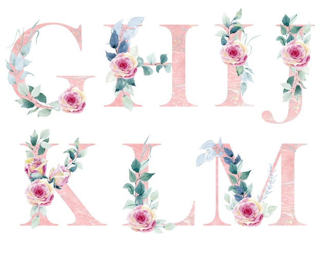 watercolor flowers alphabet with the letters g, k, k, k, and m