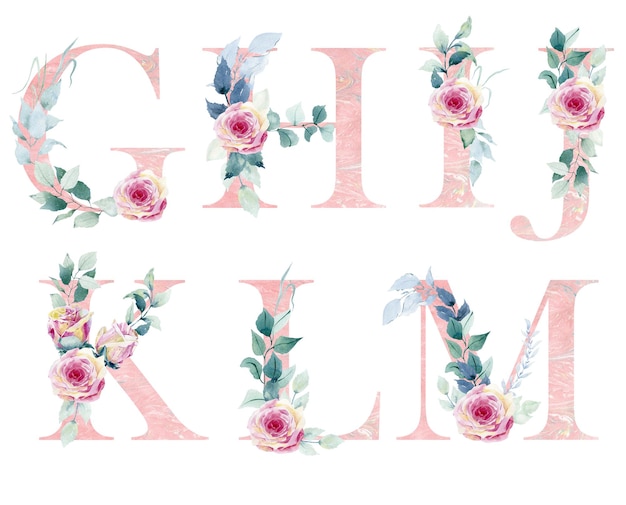 Watercolor flowers alphabet with the letters g, k, k, k, and m