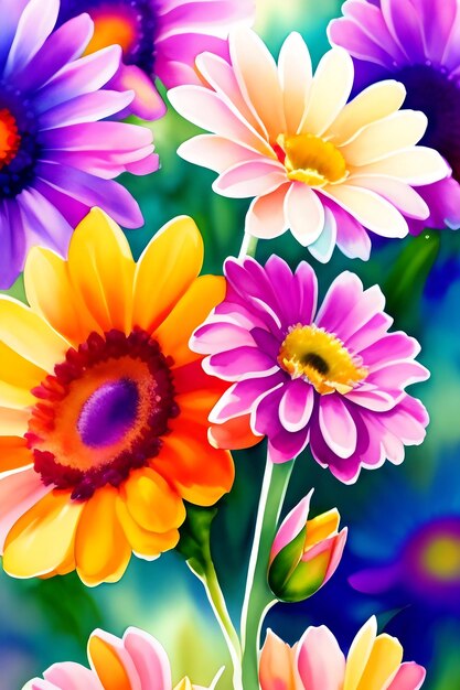 Watercolor flowers background spring bouquet painting floral blooming daisy gerbera colorful