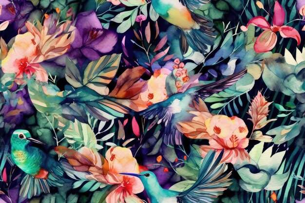 Watercolor flowers and birds painting Generative AI