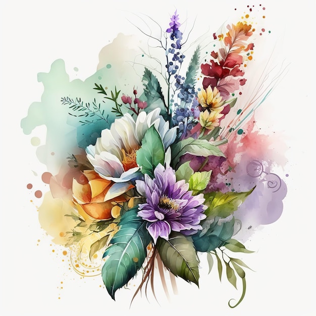 watercolor flowers bouquet with butterflies